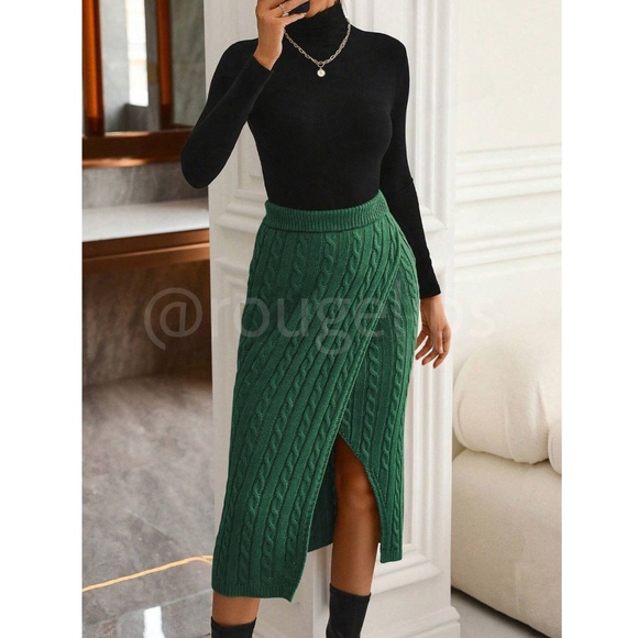 Faux Wrap Green Knit Midi Skirt with a Leg Slit - Picture 2 of 7